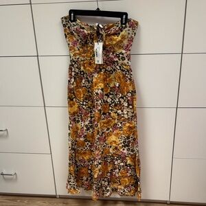 ba&sh Strapless Dress with Yellow and Brown Floral Design